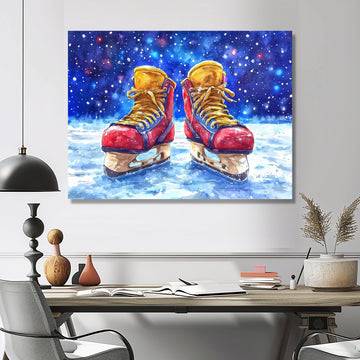 Red Hockey Gear Painting Accented With Blue - Sport Hockey Canvas Wall Art